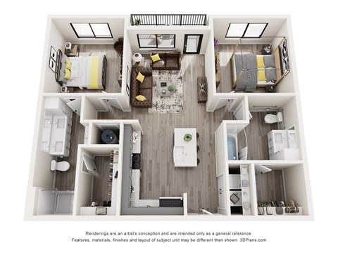 Floor plan for 2 beds, 2 baths, 1075 sqft